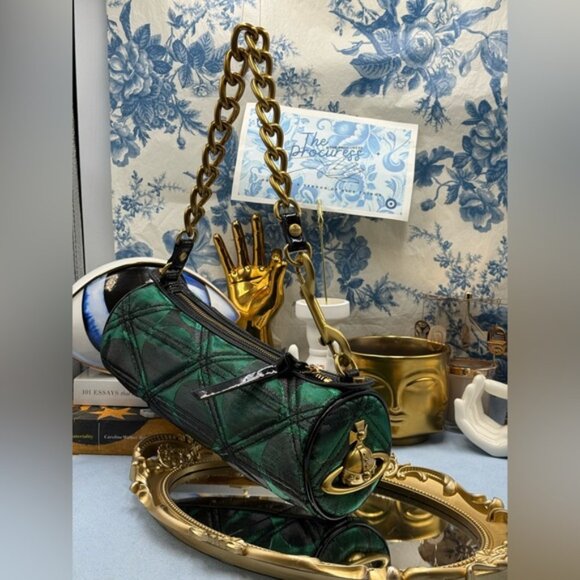 🆕 VIVIENNE WESTWOOD 🧿 NWOT Cindy Cylinder Shoulder Bag, Green Metallic AUTH - Picture 3 of 16